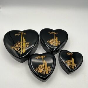 Set of 4 VTG Japanese Black with Gold Bamboo Motif Heart Nesting Boxes Trinkets